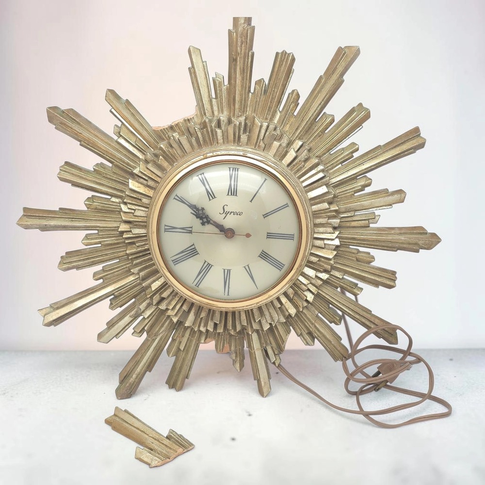 Syroco Sunburst Wall Clock Mid Century Modern Electric Vintage‎ Movement Works
